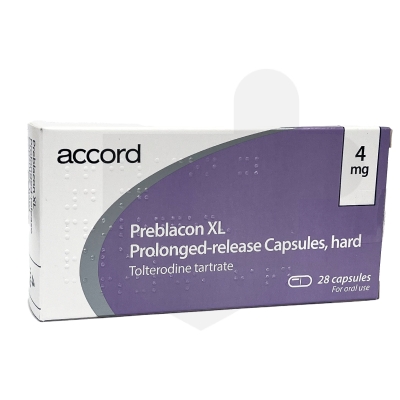 A box of accord preblacon xl 4 mg prolonged-release capsules, containing 28 preblacon capsules for oral use.