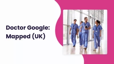 A group of healthcare professionals in scrubs walking through a hospital corridor with the text "Google Maps Doctor: Mapped (UK)" displayed on the right side.