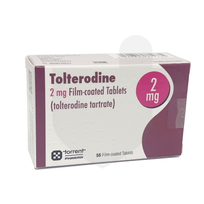 Box of Tolterodine 2 mg film-coated tablets, containing 56 tablets for overactive bladder.