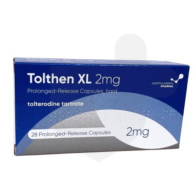 A box of Tolthen XL 2mg, which contains 28 prolonged-release capsules for medical use.