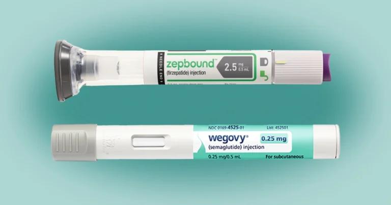 Two different types of syringes, Zepbound and Wegovy, on a green background.