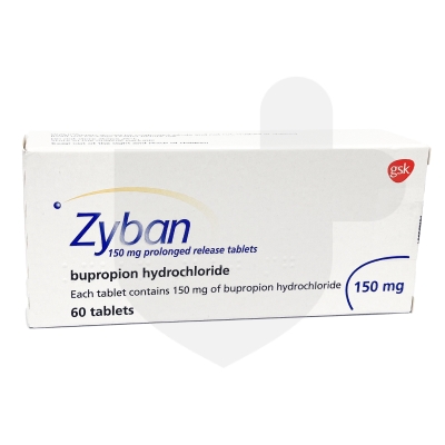 A package of Zyban 150 mg prolonged release tablets by gsk with 60 tablets inside for smoking cessation.