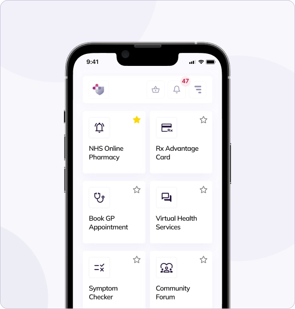 A smartphone screen displaying a health app with icons for nhs pharmacy online, rx advantage, booking appointments, virtual health services, symptom checker, and a community forum.