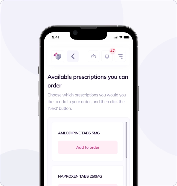 A smartphone displaying a pharmacy app with options to order amlodipine 5mg and naproxen 250mg tablets.