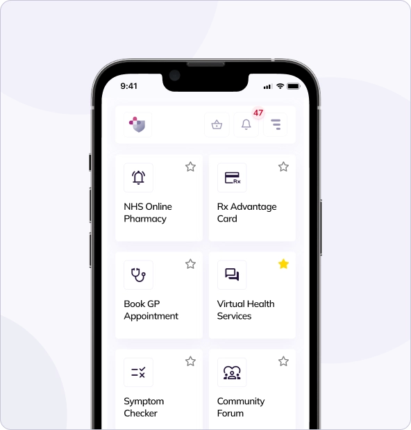 Smartphone displaying a healthcare app interface with options for pharmacy services, appointment booking, virtual health services, symptom checker, and a community forum.