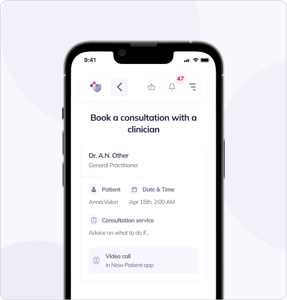 Smartphone screen displaying an app interface for booking a medical consultation with dr. a.n. clinician, scheduled for a video call on april 15th, 2:00 am.