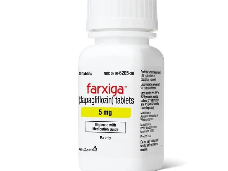 A bottle of Farxiga (dapagliflozin) 5 mg tablets with prescription label and dosage information visible, often prescribed for weight loss management.