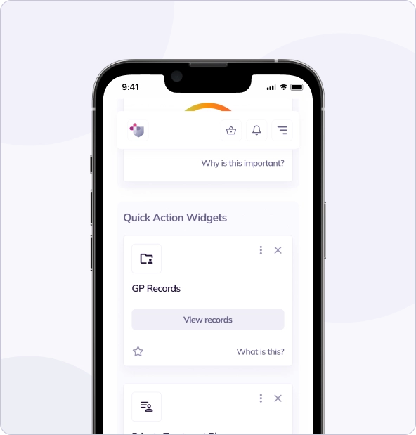 Smartphone displaying an app interface with a focus on "quick action widgets" for accessing gp records, featuring minimalist design and a neutral background.
