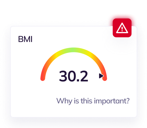 Digital BMI scale displaying 30.2, signaling obesity with a warning symbol and an inquiry prompt asking "why is this critical?".