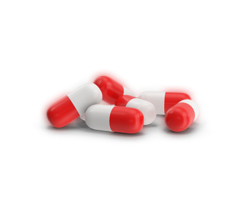 Four red and white capsules on a reflective surface with a shadow, featuring isolated SEO on a white background.
