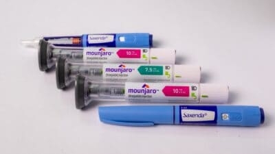 Four Zepbound medical injection pens with labeled dosages on a white background.