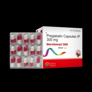 Blister pack with 15 red and white capsules next to a box labeled "Pregabalin Capsules IP 300 mg, Nervismart 300". Note: Is pregabalin addictive?