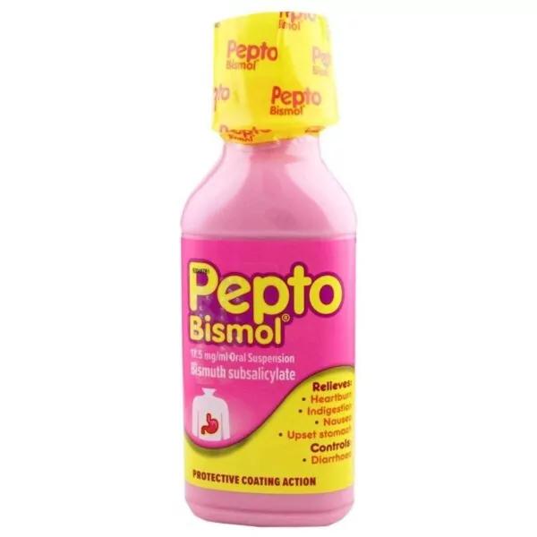 A bottle of Pepto Bismol, an over-the-counter medication with a yellow cap and pink liquid, used to relieve heartburn, indigestion, nausea, and help control stomach pain and diarrhea.