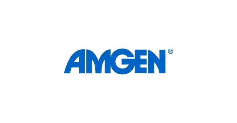 Logo of Amgen, featuring the company name in bold blue letters on a white background, promoting their weight loss drug.