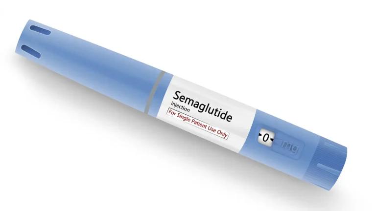A blue pen-style injector labeled "Semaglutide Injection for Single Patient Use Only," containing a GLP-1, or Glucagon-like Peptide-1, formulation.