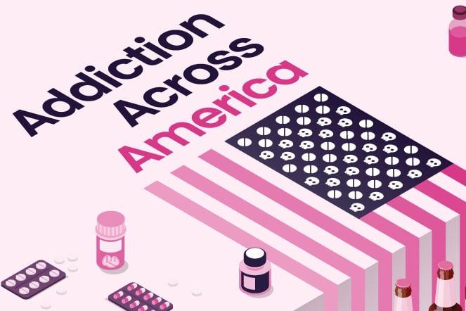 A graphic titled "Addiction Across America" with an American flag composed of pills and tablets illustrates the theme of drug addiction. Various prescription pill bottles, blister packs, and auto draft images are scattered around.