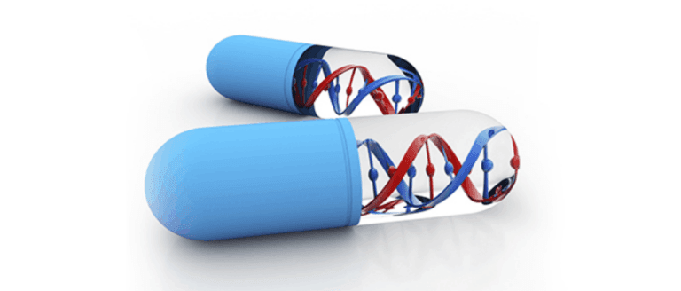 Two blue capsules, one opened to reveal a DNA double helix model inside, isolated on a white background, explained beautifully through the lens of pharmacogenomics.