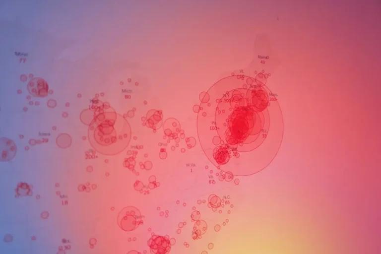A colorful gradient background with various red overlapping bubbles of different sizes, some of which contain numerical data depicting the E. coli duration and information on how long does E. coli last.