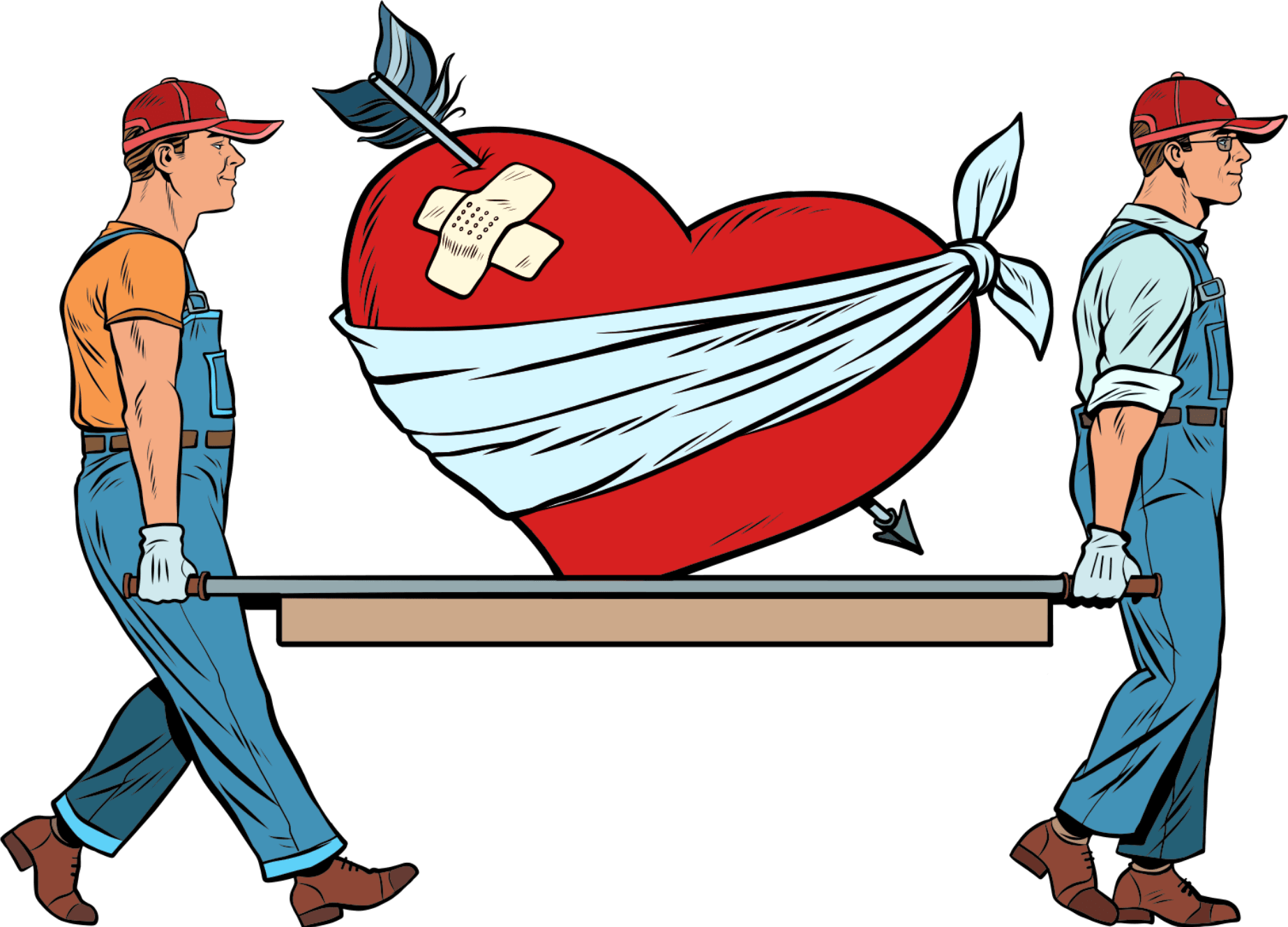 Two guys carrying a broken heart on a stretcher